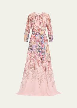 Blouson-Sleeve Floral-Print Chiffon Gown