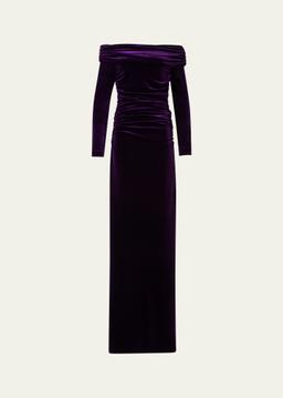 Long Velvet Off-Shoulder Ruched Gown
