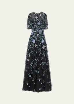 Embroidered A-Line Tulle Gown