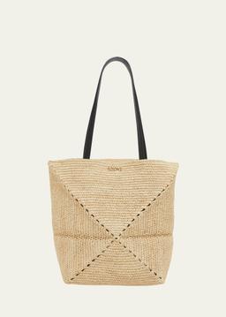 x Paula’s Ibiza Medium Puzzle Fold Tote Bag in Raffia with Leather Handles