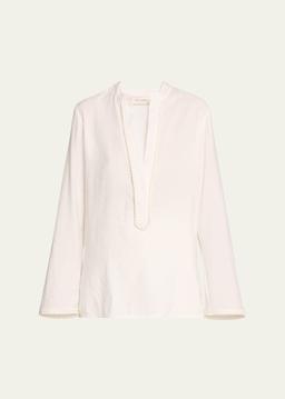 Shera Piped Split V-Neck Long-Sleeve Blouse