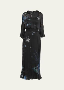 Floral Print Silk Gown with Smocked Waist