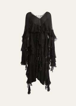 Tiered Ruffle Silk Mousseline Asymmetric Dress
