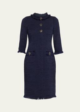 Fringe-Trim Stretch Boucle Dress