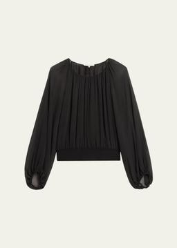 Ruched Balloon-Sleeve Silk Georgette Blouse