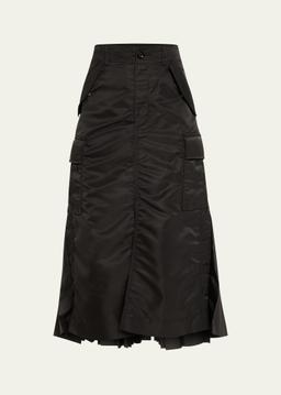 Nylon-Twill Pleated Cargo Midi Skirt