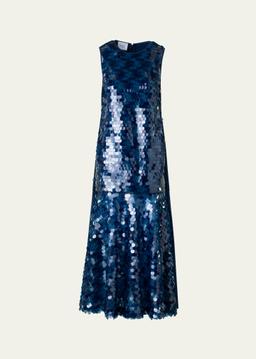 Mix-Media Dot Sequined Flounce Midi Dress