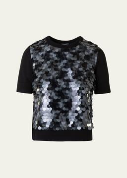 Front Sequined Short Sleeve Wool Sweater