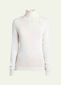 Floral Stitched Cashmere Silk Turtleneck Sweater