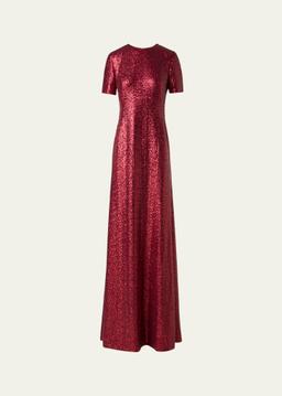 Short-Sleeve Stretch Paillette Jersey Gown