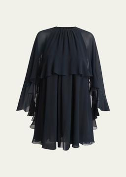 Ruffled Three-Quarter Sleeve Silk Georgette Mini Dress