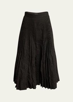 Pleated Vintage Check Wool Midi Skirt