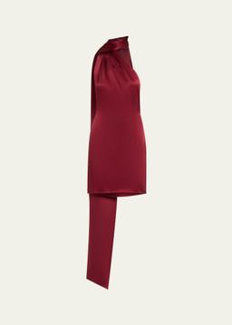 One-Shoulder Scarf Backless Silk Mini Dress