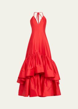 Silk Tiered Ruffle Halter Dress