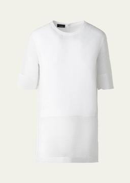 Mixed-Media Linen Striped Organza Short-Sleeve Blouse