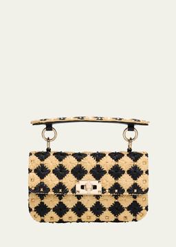 Rockstud Checkered Woven Top-Handle Bag