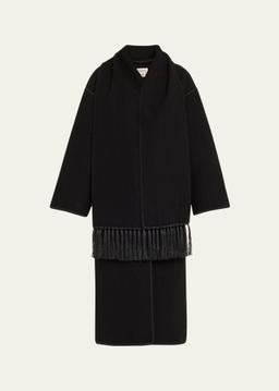 Fringe Embroidered Scarf Wool Coat