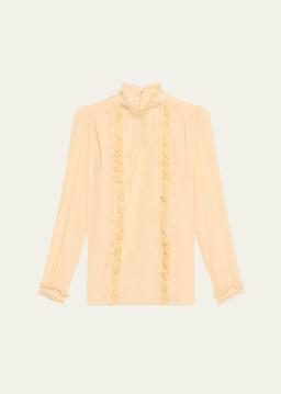 High-Neck Ruffle Lace-Bib Silk Blouse
