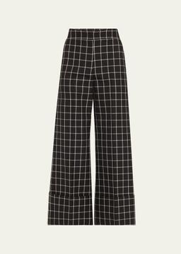 Cropped Cuffed Check Print Wool Trousers