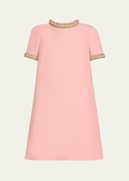 Crystal-Trimmed Short-Sleeve Shift Mini Dress