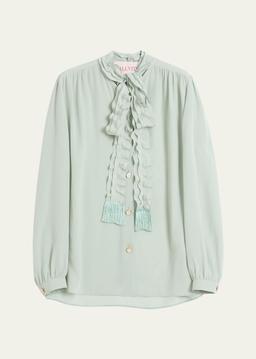 Ruffle Tie-Neck Silk Blouse