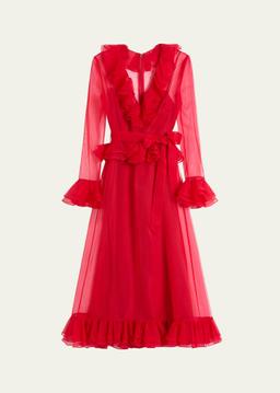 V-Neck Sheer Organza Ruffle Midi Dress