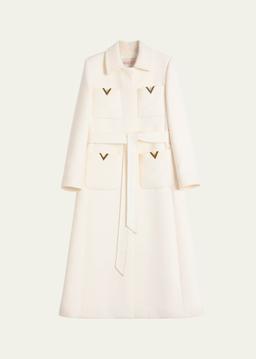 V Logo Collared Wool Coat