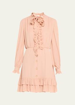 Ruffle Tie-Neck Mini Silk Dress