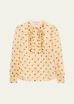 Ruffle Bib Organza Polka Dot Print Blouse