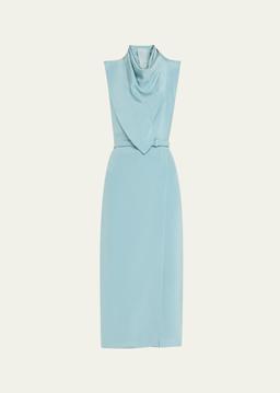 Scarf Drape Silk Crepe Midi Dress With Belt