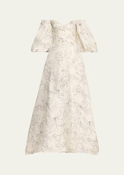 Off-The-Shoulder Floral Blouson-Sleeve Ball Gown