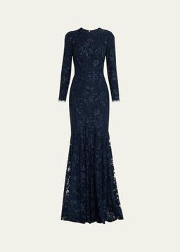 Floral Embroidered Tulle Long Sleeve Gown