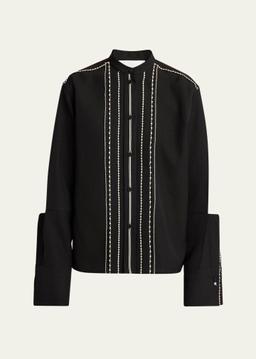 Embroidered Trim Button Down Blouse