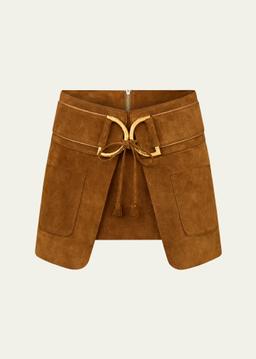 D-Ring Inverted Pleat Mini Suede Skirt