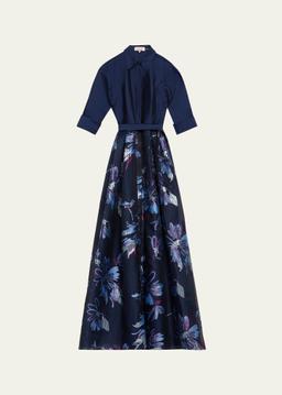 Taffeta & Floral Jacquard Organza Shirt Gown