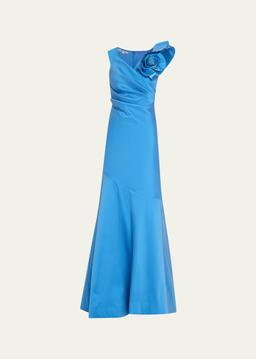 Ruched Flower Applique Gazar Trumpet Gown