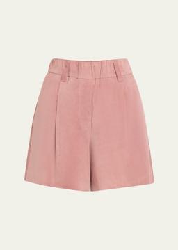 Pleated Suede Pull-On Shorts