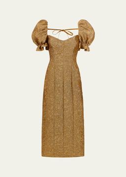 Farrah Brocade Puff-Sleeve Column Midi Dress