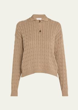 Micro Sequined Double Cable-Knit Polo Sweater