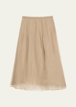 Pleated Crispy Silk Organza Midi Skirt with Monili Trim