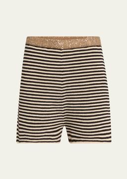 Sequined Waistband Cotton Stripe Shorts