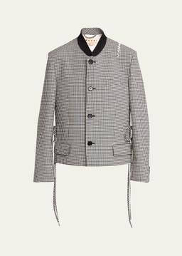 Checked Straight Fit Cropped Wool Jacket