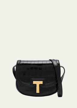 Wallis Mini Flap Shoulder Bag in Shiny Croc-Embossed Leather