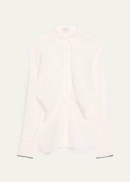 Monili-Cuff Cotton Twill Gauze Slim Blouse