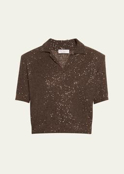 Sequined Cashmere Cropped Polo Sweater