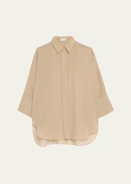 Embroidered-Cuff Cotton Gauze 3/4-Sleeve Shirt