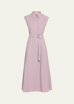 Cap-Sleeve Belted Crispy Cotton Midi Shirtdress