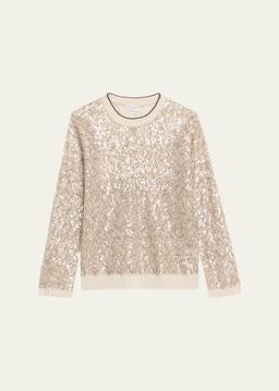 Linen-Silk Paillette Open Knit Crewneck Sweater
