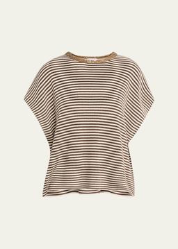 Striped Cotton Short-Sleeve Paillette-Neck Sweater