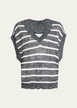 Antibes Striped Paillette Open-Knit Sleeveless Sweater